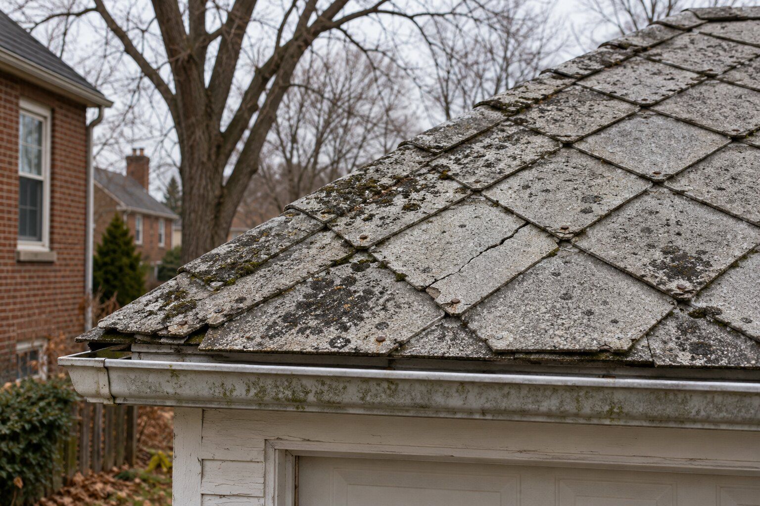 Asbestos roof shingles, Royal Oak: weathered grey cement-type shingles laid in a diamond pattern on an older detached garage roof