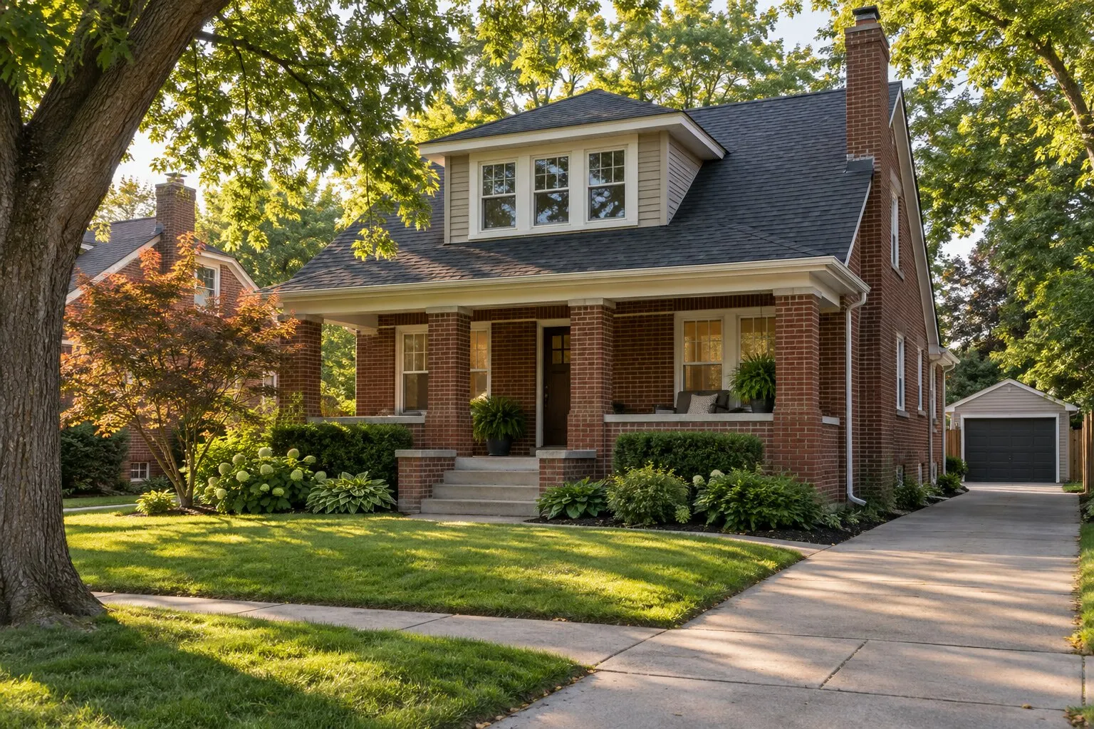 Brick bungalow with a charcoal shingle roof and a detached garage