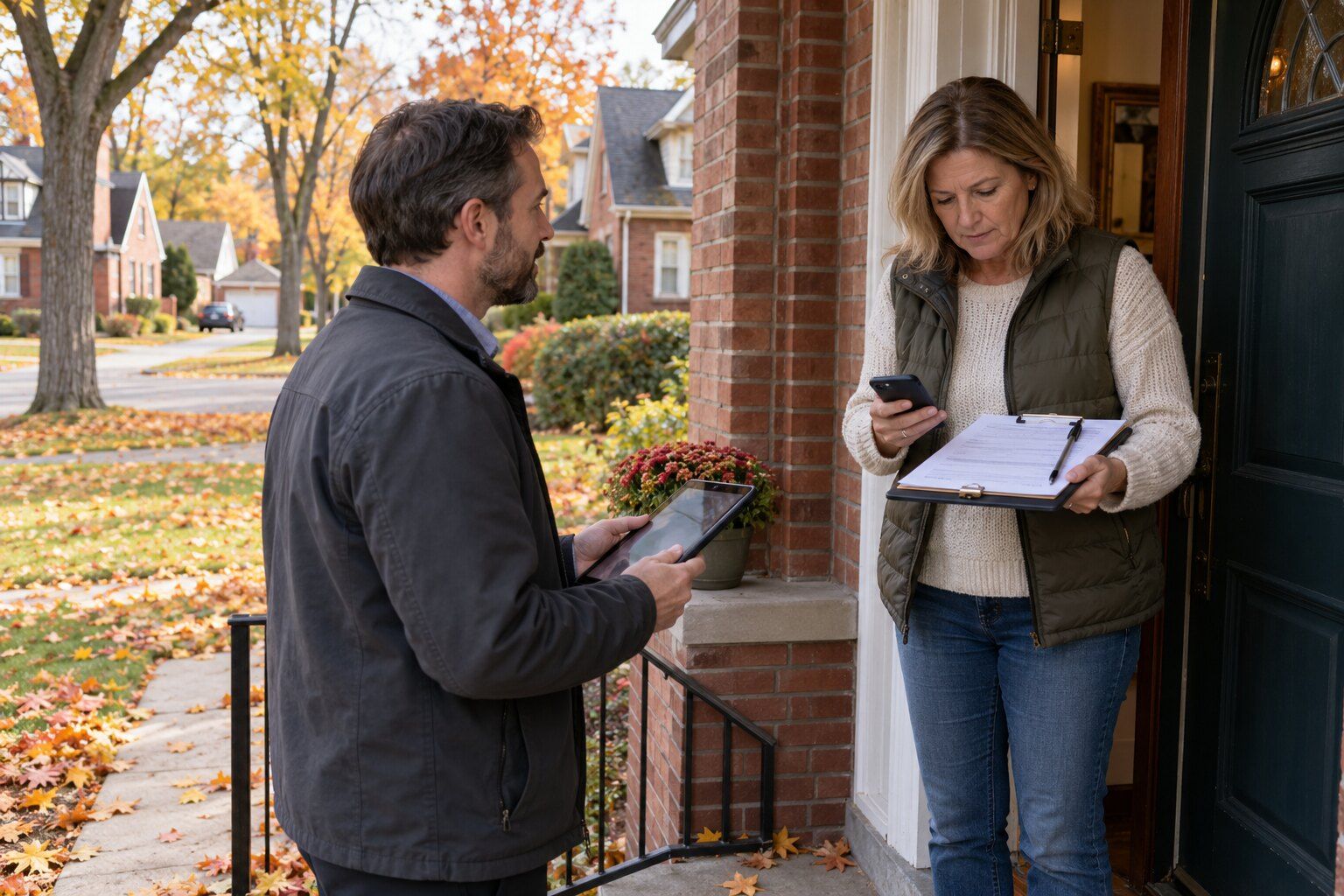 Checking a roofer's license, Royal Oak: homeowner on a brick bungalow's porch checking a phone before signing a roofing contract