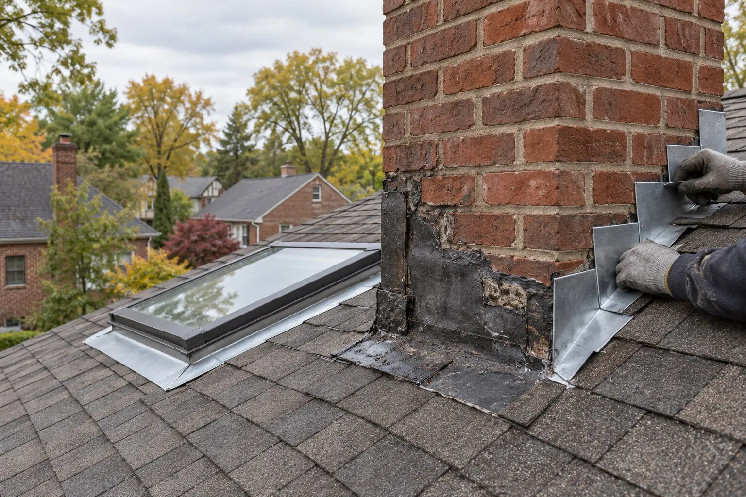 Chimney and skylight leaks, Royal Oak: gloved hands fitting new step flashing to a brick chimney beside old tar-patched flashing and a skylight