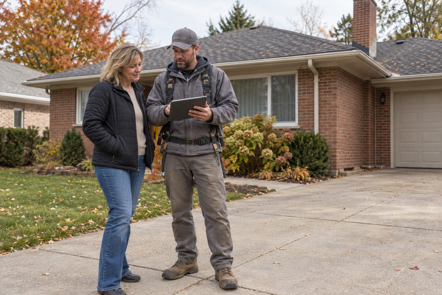 Homeowner and roofer reviewing roof photos on a tablet in a driveway