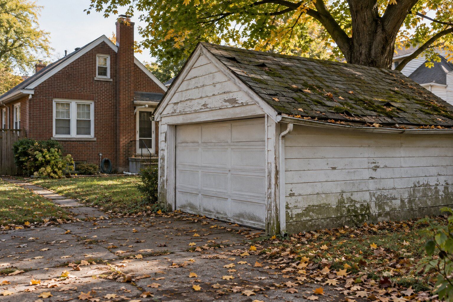 Worn, mossy shingle roof on an old detached garage behind a brick bungalow