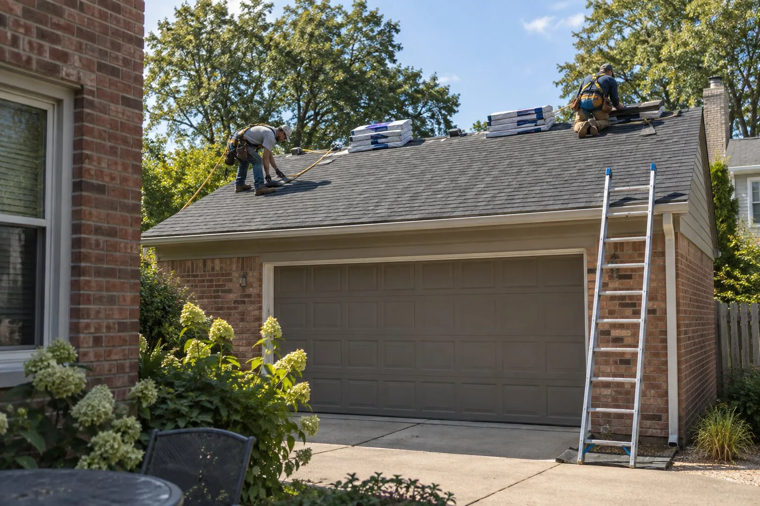 Roofers finishing a new shingle roof on a detached two-car garage