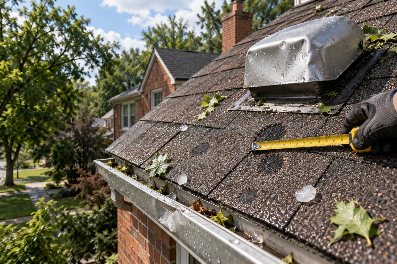 Hail damage, Royal Oak: gloved hand measuring round bruise marks on asphalt shingles below a dented roof vent, hailstones in the gutter