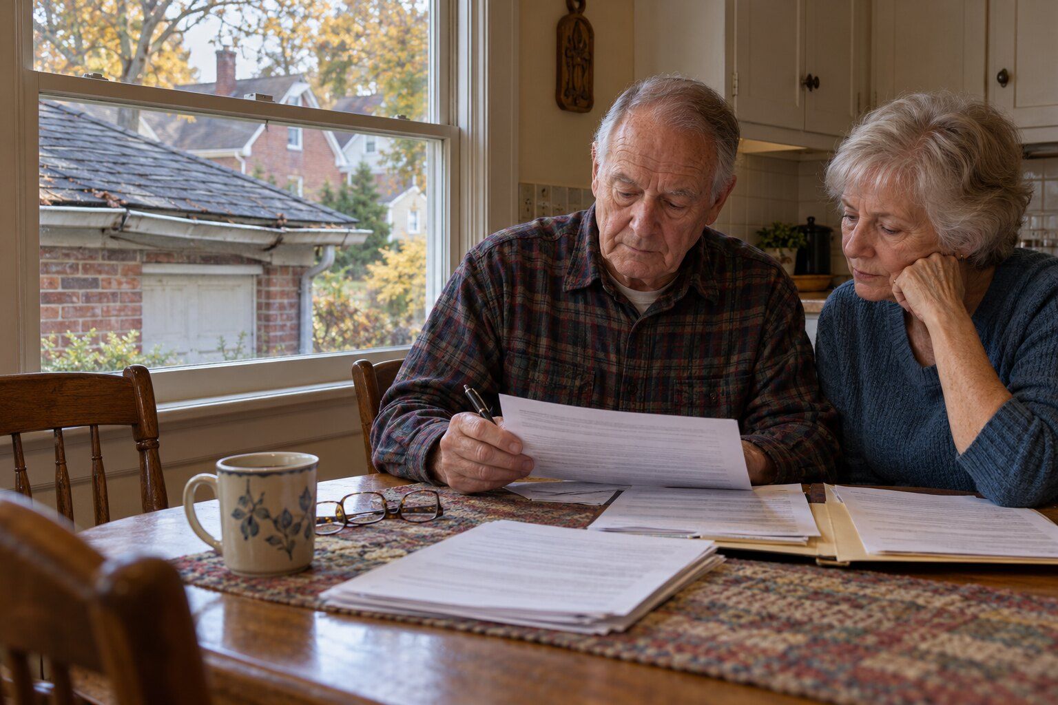 Help paying for a new roof, Royal Oak: older couple at a kitchen table going through home repair loan forms, a worn roof outside the window