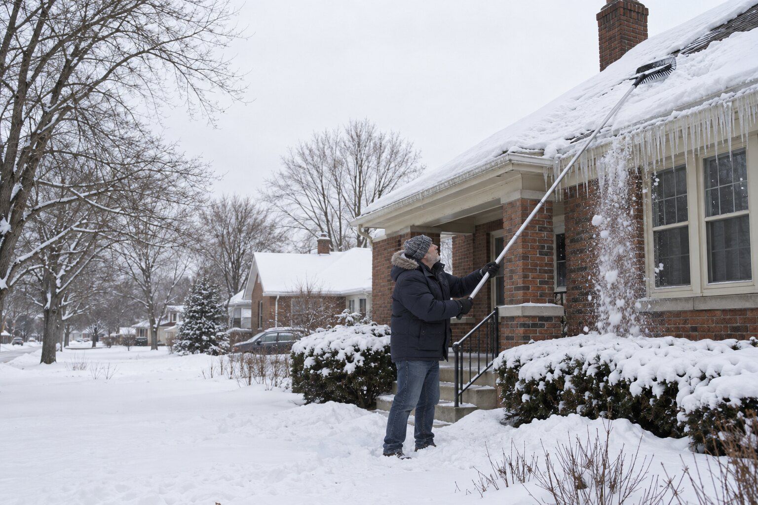 Homeowner on a snowy lawn using a long-handled roof rake to clear snow above an icy gutter