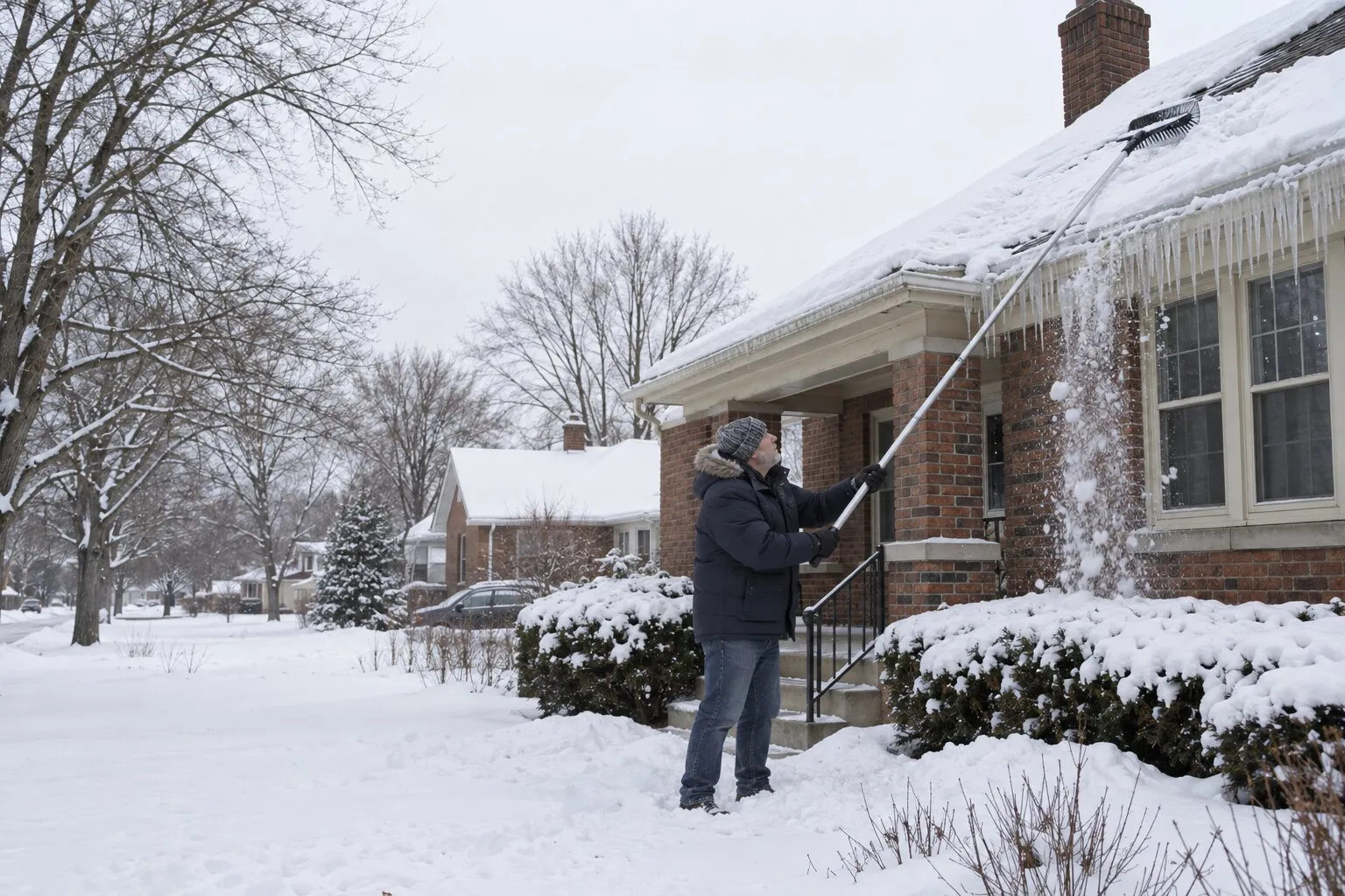 Ice dams, Royal Oak: homeowner using a long-handled roof rake to clear snow above an icy gutter