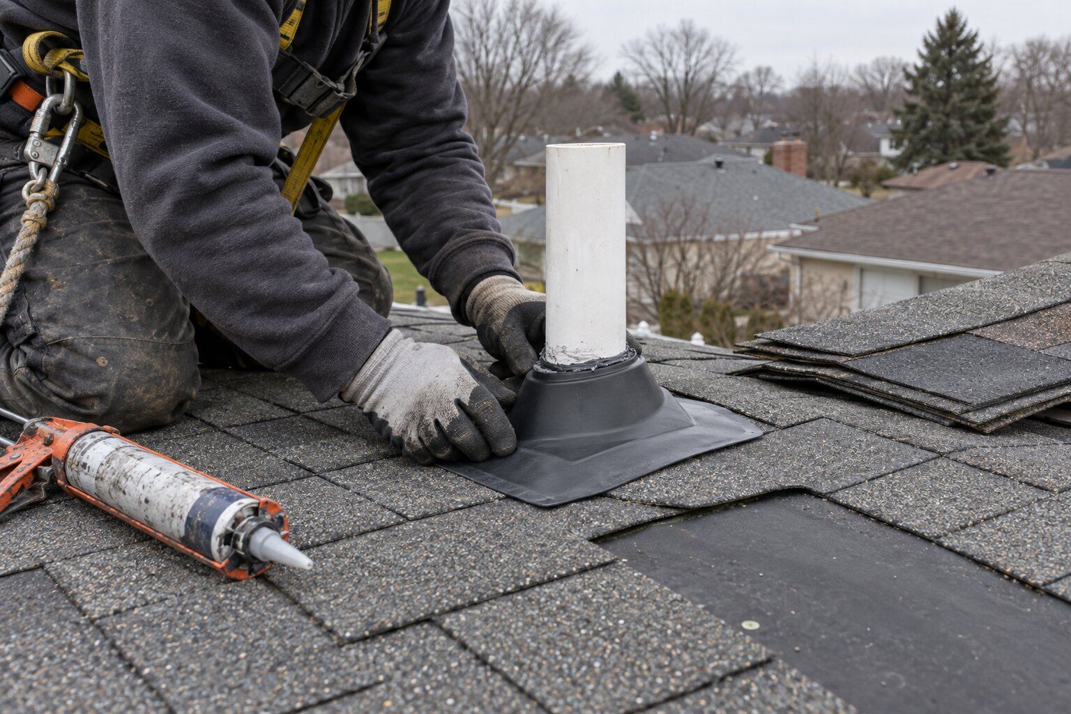 Roofer fitting a new rubber pipe boot around a plumbing vent on a shingle roof