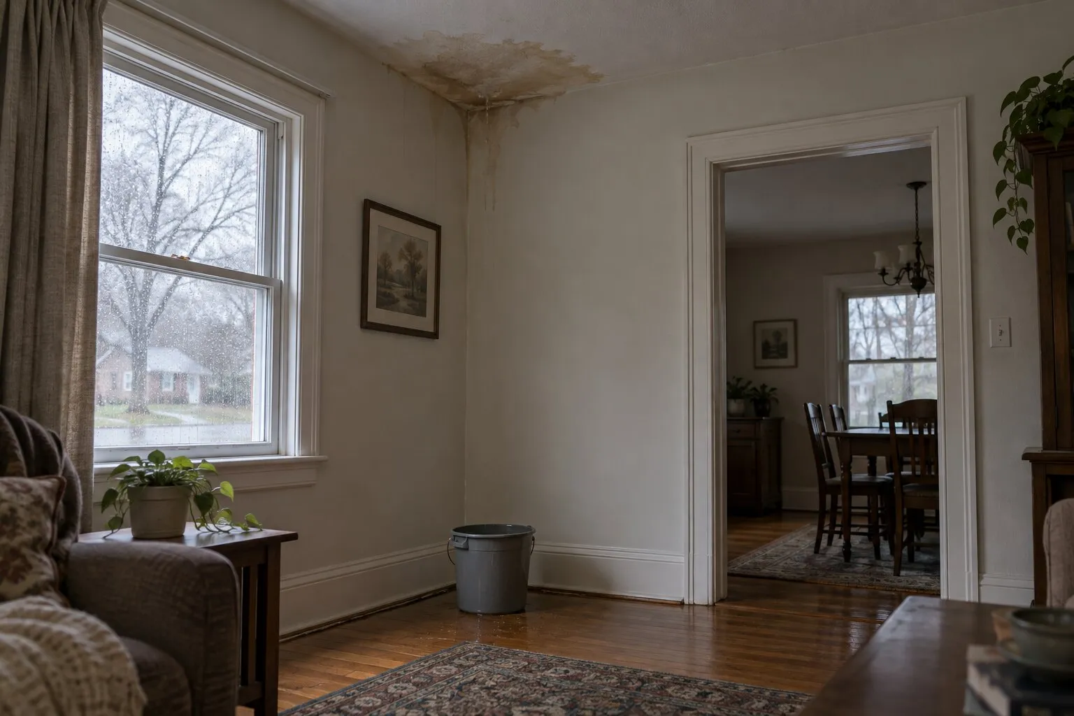 Water stain on a plaster ceiling with a bucket catching drips below