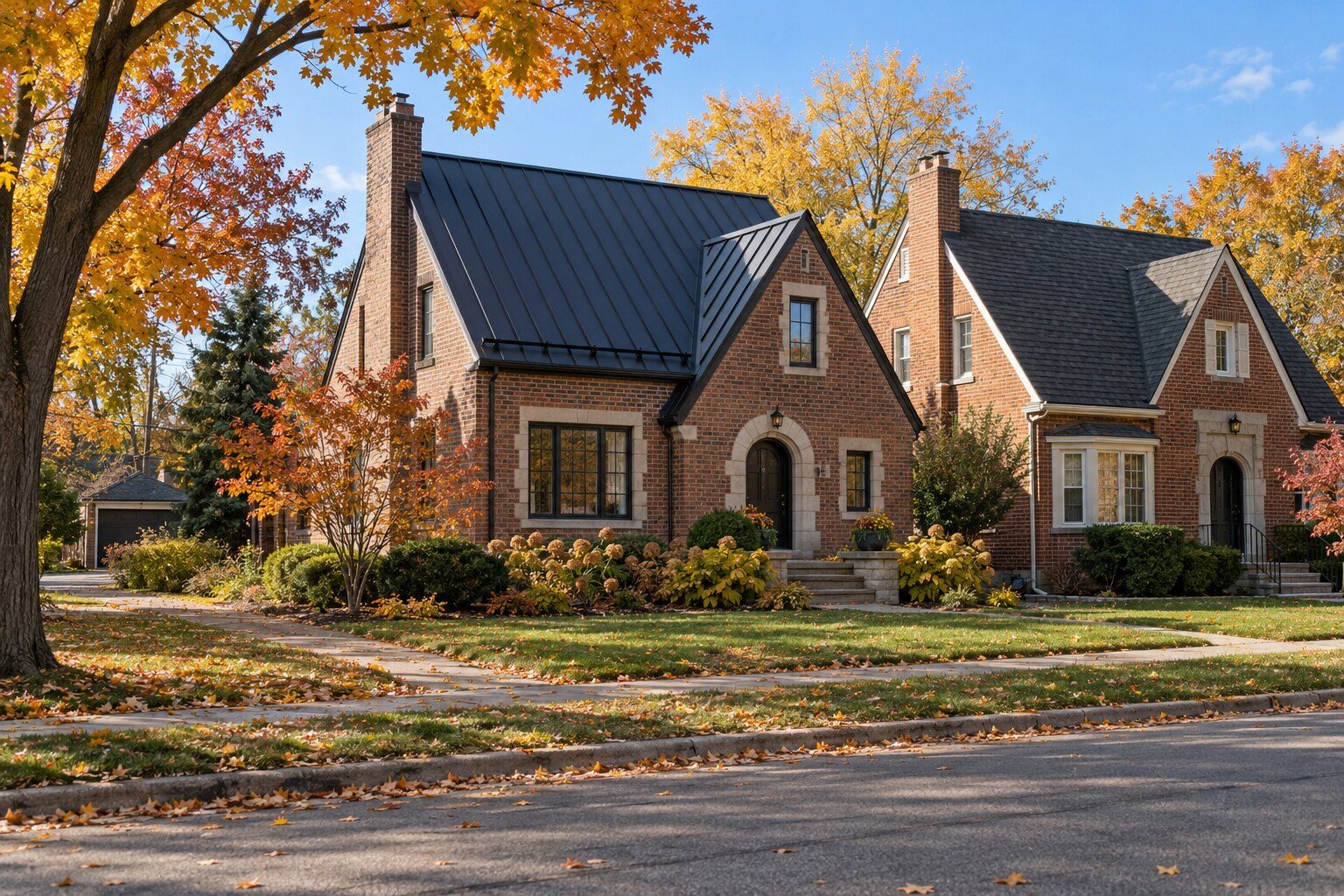 Metal roof vs shingles, Royal Oak: neighbouring brick homes, one with a standing-seam metal roof and one with asphalt shingles