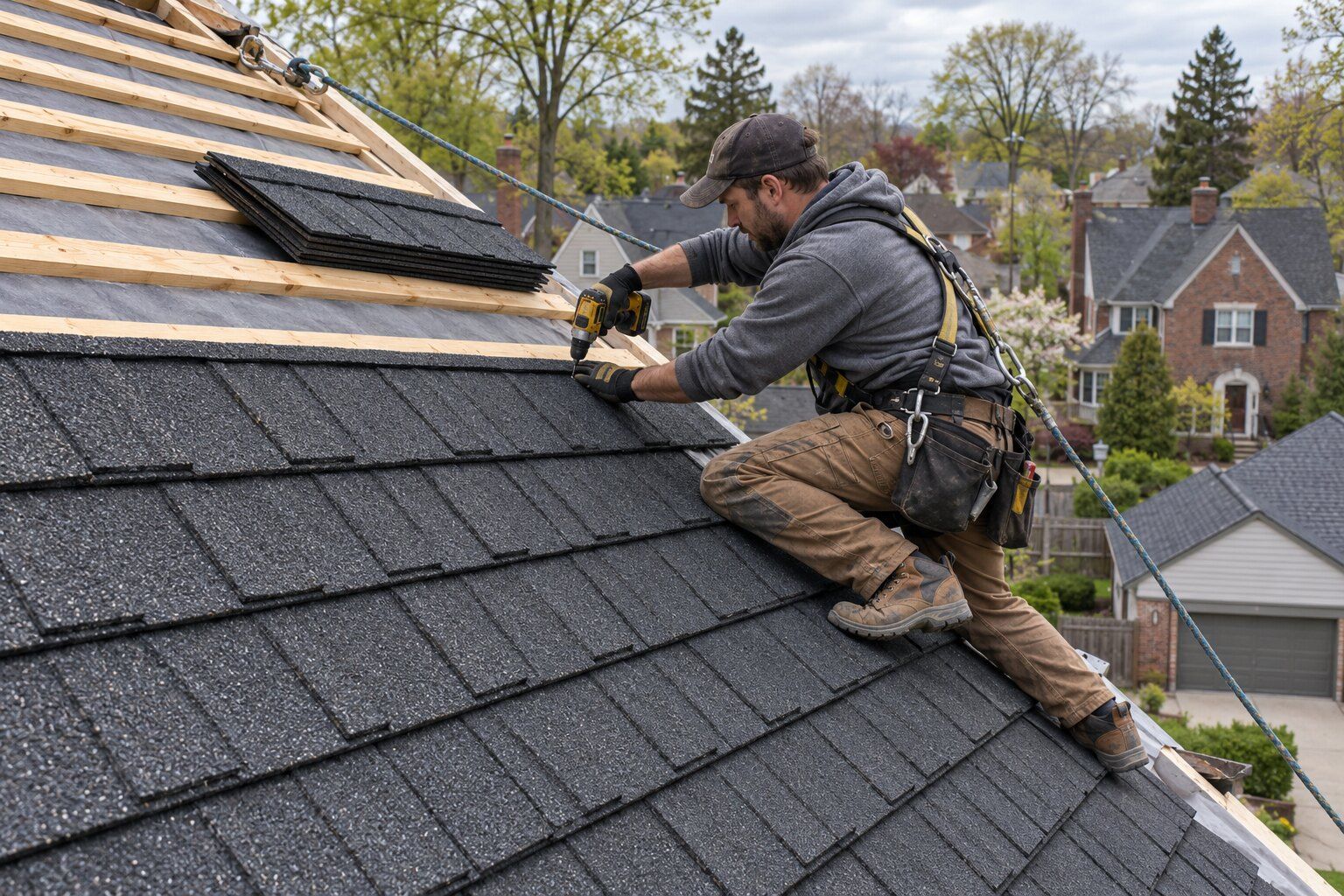 Metal shingles, Royal Oak: roofer fastening stone-coated steel shake panels to battens on a brick colonial's roof