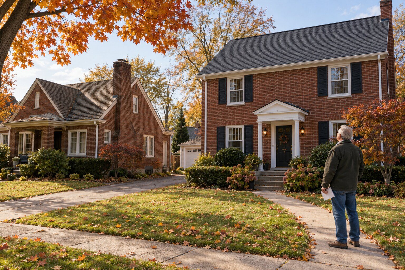 New roof and property taxes, Royal Oak: homeowner looking up at a freshly replaced shingle roof on a brick colonial