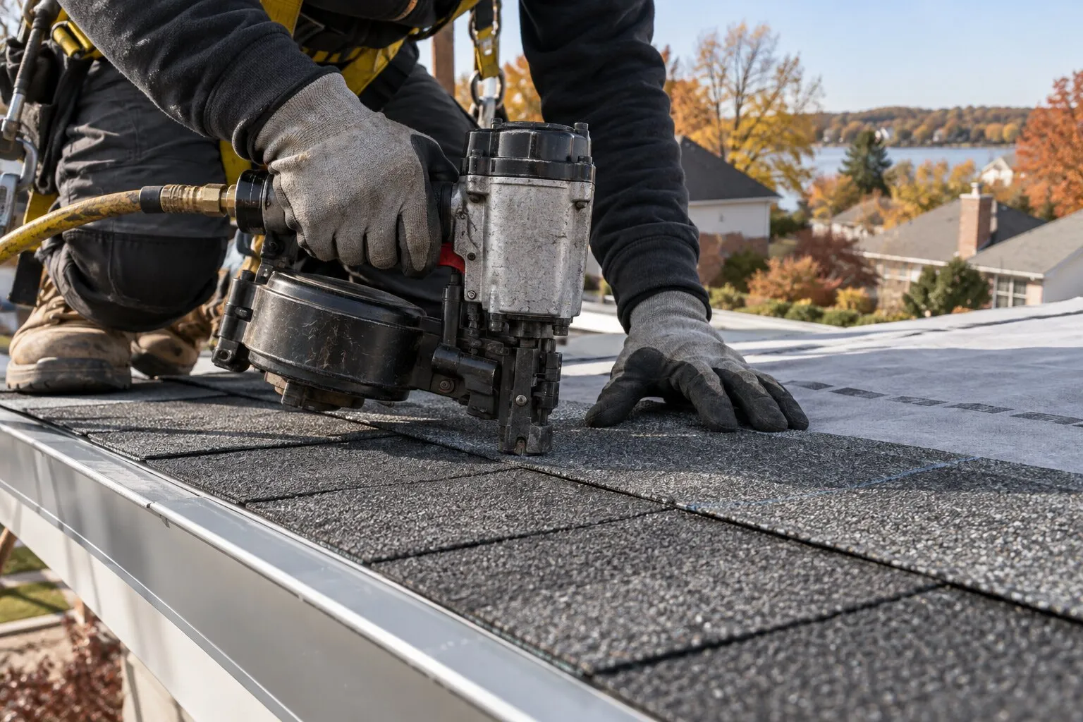 Roofer nailing new architectural shingles over grey underlayment at the roof edge