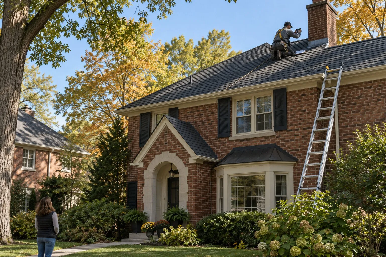 Roof inspection, Royal Oak: roofer in a harness photographing chimney flashing on a brick colonial while the homeowner watches from the lawn