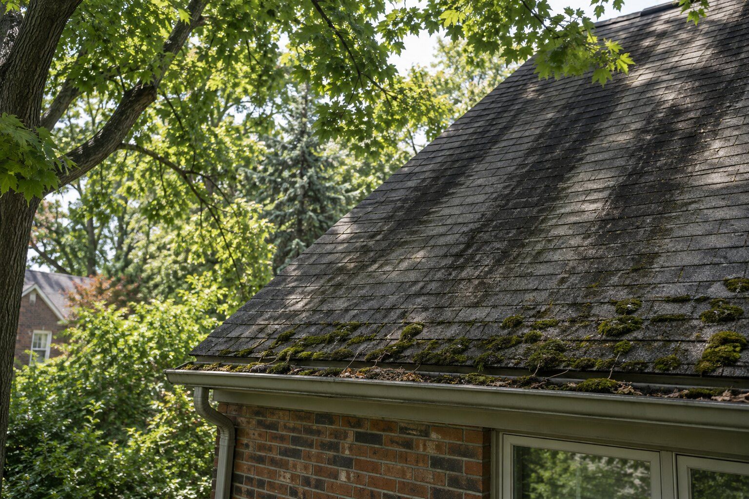 Moss and black streaks, Royal Oak: dark algae streaks and green moss on a shaded asphalt shingle roof under maple branches