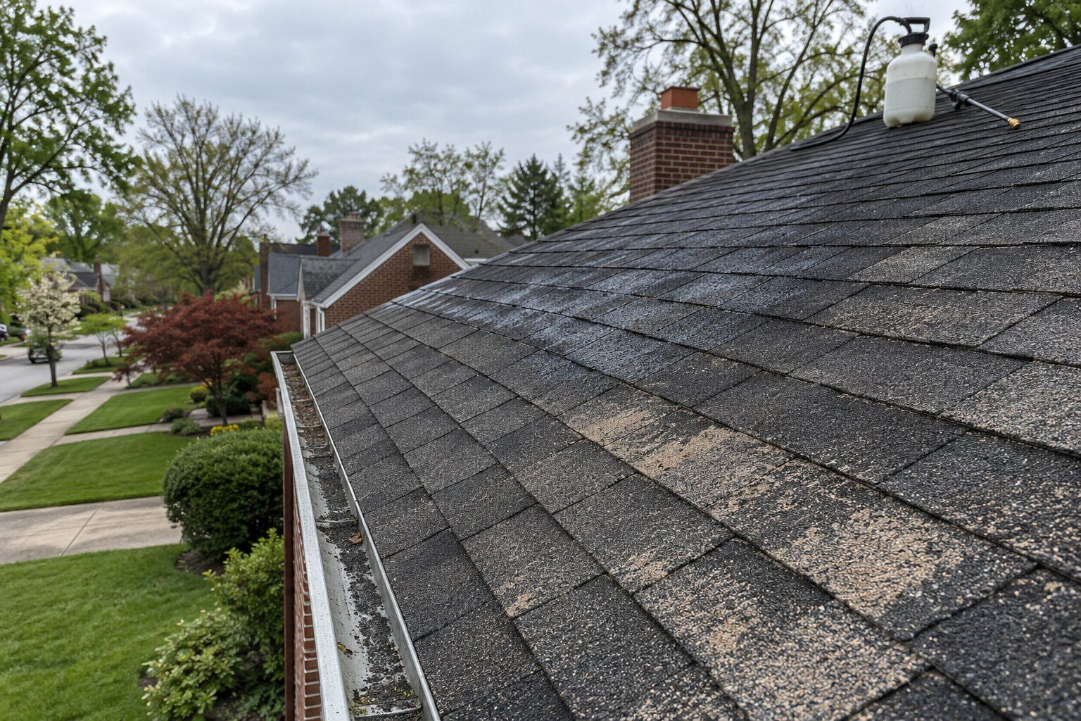 Roof rejuvenation, Royal Oak: aging charcoal asphalt shingles with patchy granule loss, a pump sprayer resting on the ridge