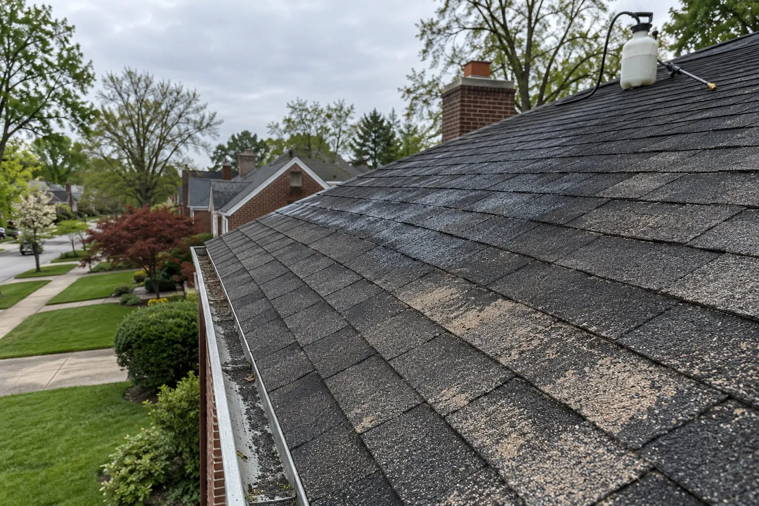 Roof rejuvenation, Royal Oak: aging charcoal asphalt shingles with patchy granule loss, a pump sprayer resting on the ridge