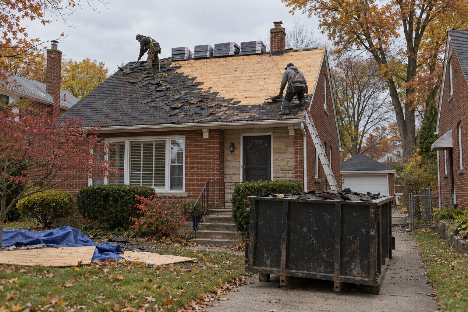 Roof replacement cost, Royal Oak: roofers stripping old shingles back to the decking on a brick bungalow