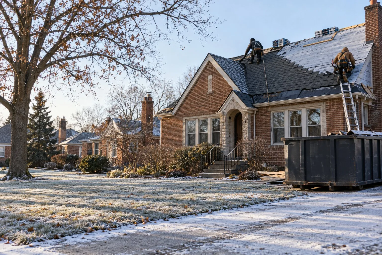 Roof replacement timeline, Royal Oak: two roofers shingling a brick home on a frosty late-autumn morning, a dumpster in the driveway