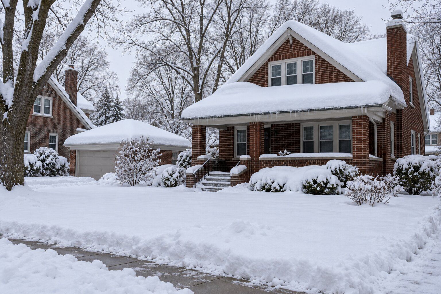 Roof snow load, Royal Oak: deep snow on a brick bungalow's main and porch roofs, with a snow-covered detached garage beside it