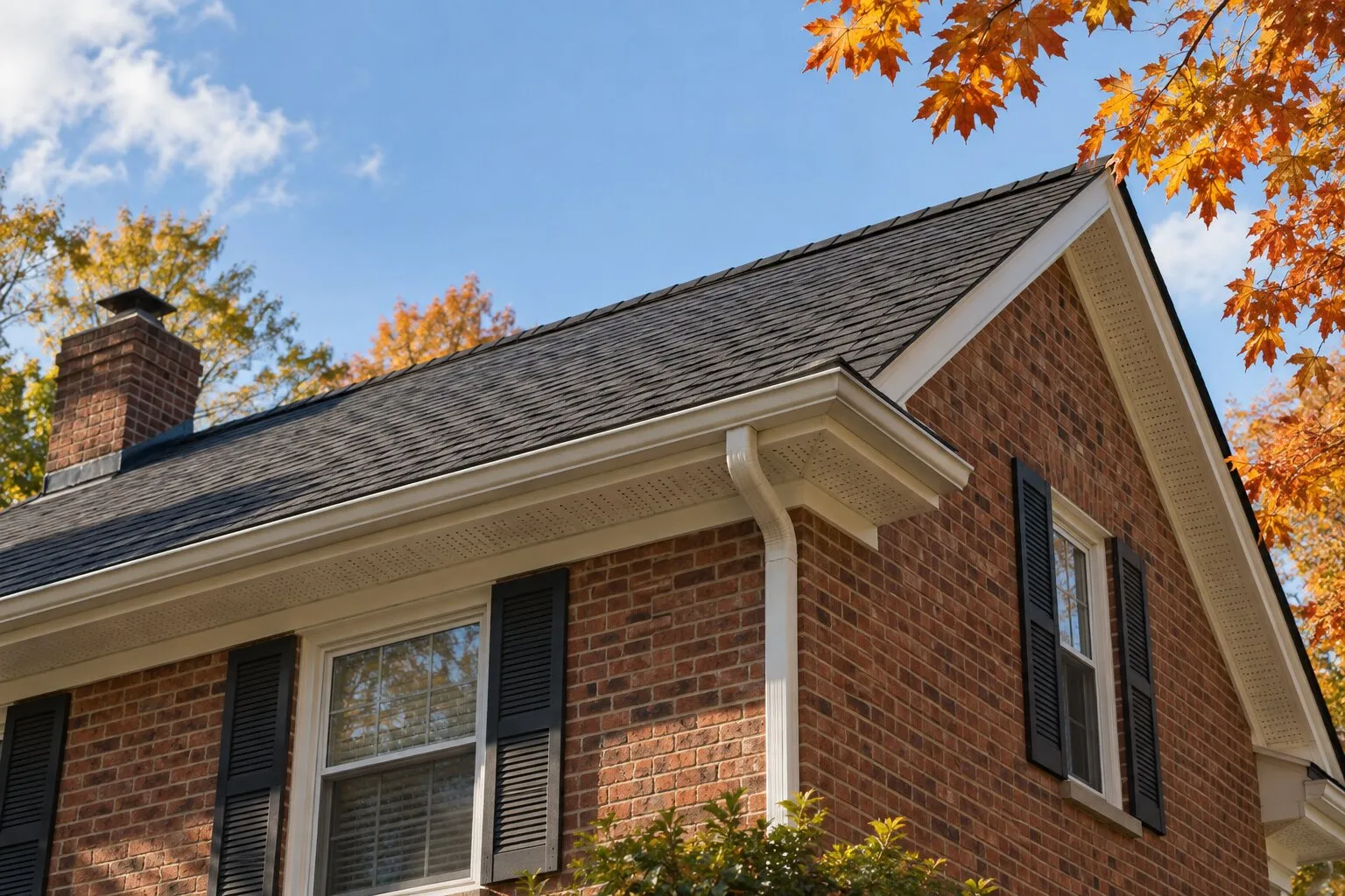 Roof ventilation, Royal Oak: ridge vent along the peak and soffit vents under the eaves of a brick colonial