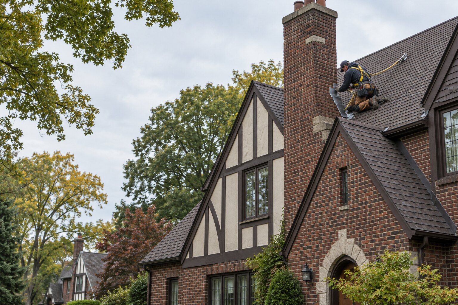 Roofers, Birmingham: roofer fitting step flashing beside the tall chimney of a 1920s brick Tudor revival house