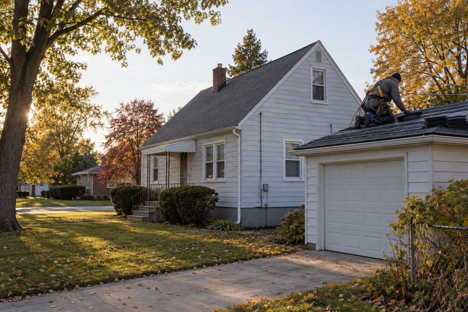 Roofers, Hazel Park: roofer laying new shingles on the detached garage behind a small 1940s frame bungalow