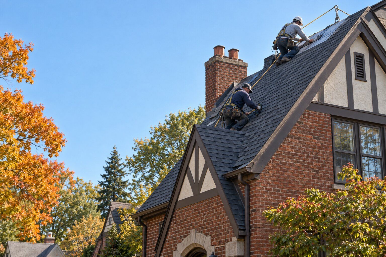 Roofing, Royal Oak: roofers installing shingles on a steep brick Tudor-style roof