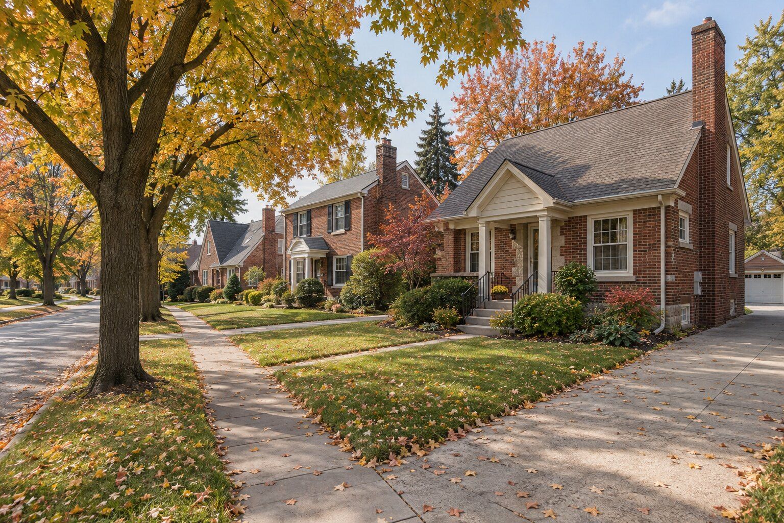 Roofing guides, Royal Oak: tree-lined street of older brick homes in autumn