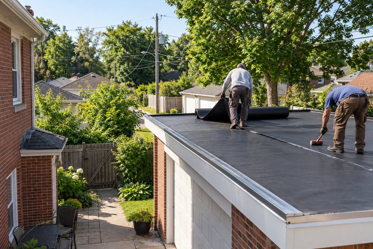 Rubber flat roof, Royal Oak: two roofers rolling out black EPDM membrane on the low-slope roof of a detached garage