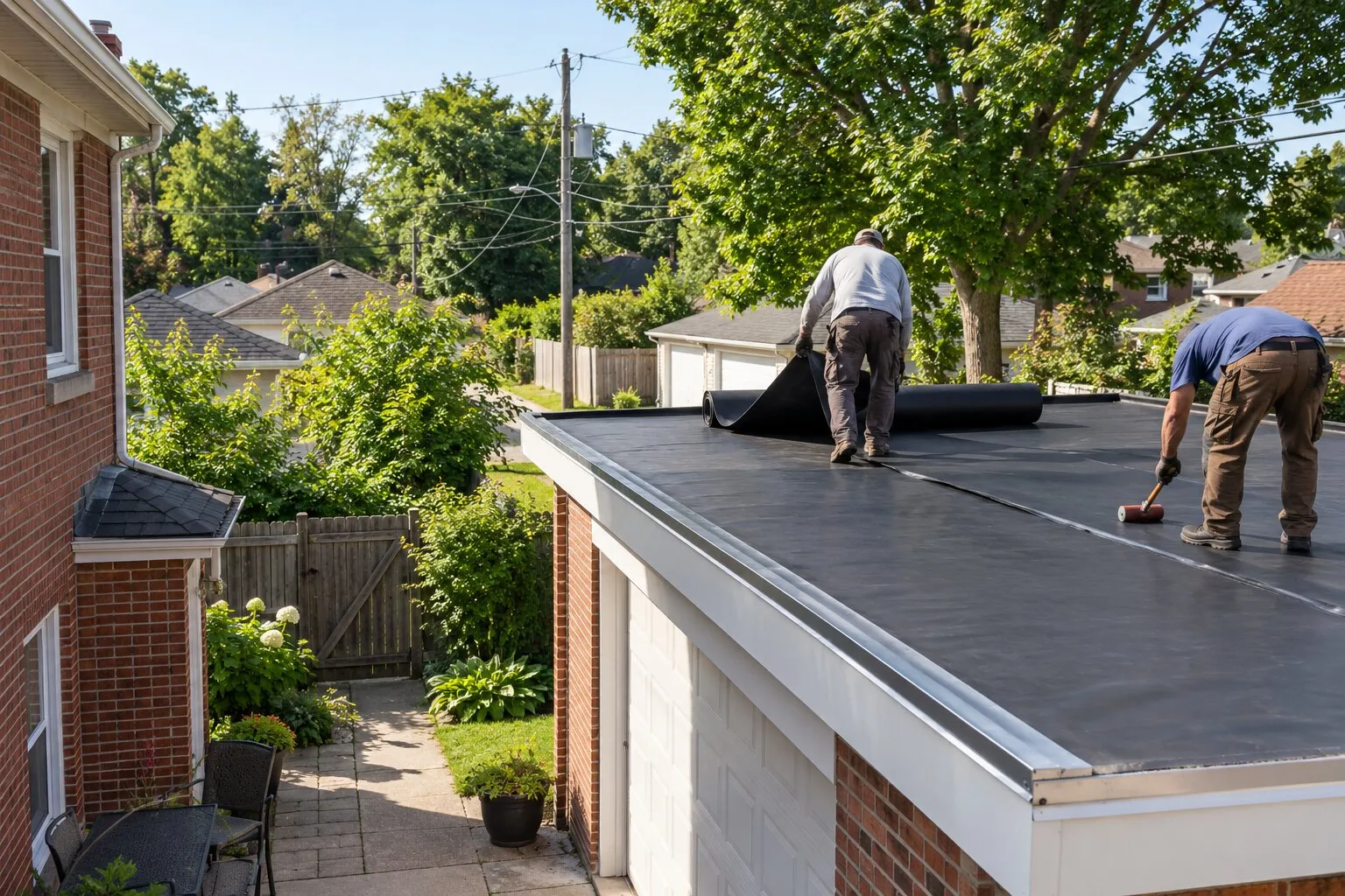 Rubber flat roof, Royal Oak: two roofers rolling out black EPDM membrane on the low-slope roof of a detached garage