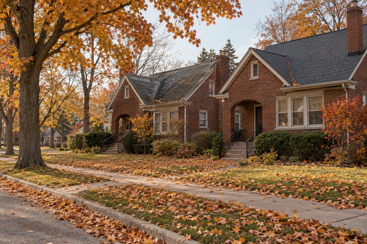Shingle roof lifespan, Royal Oak: two neighbouring brick bungalows with asphalt shingle roofs on a tree-lined street in autumn