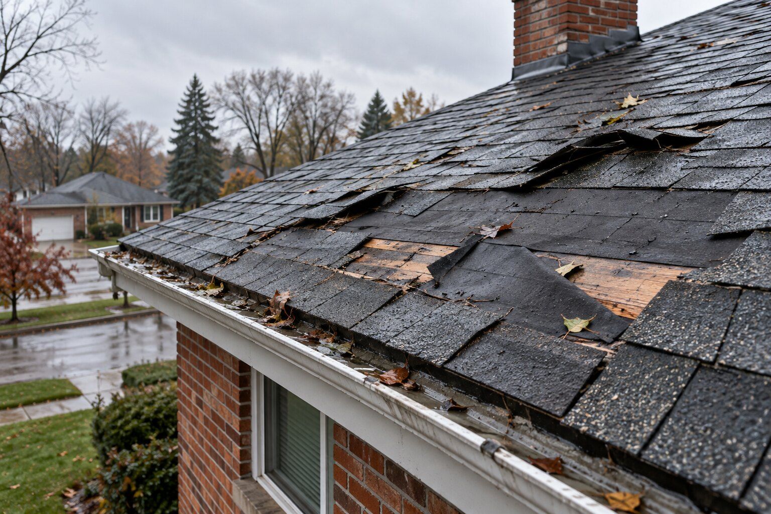 Wind-damaged asphalt shingles torn away from a roof