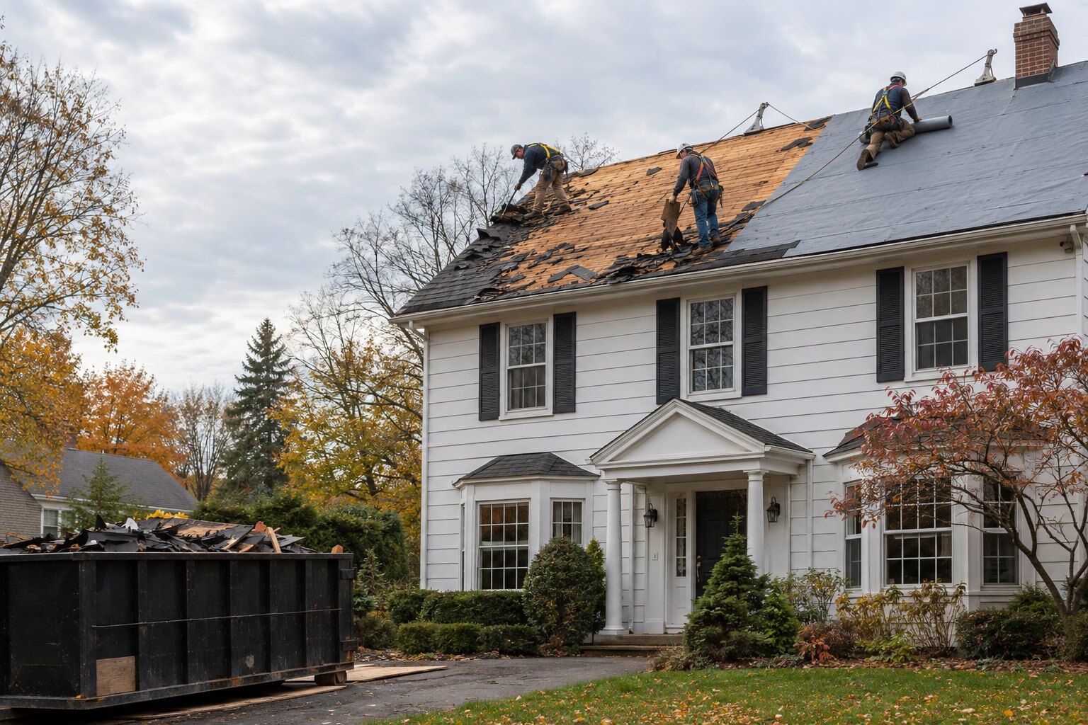 Roofing crew stripping old shingles from a colonial-style home